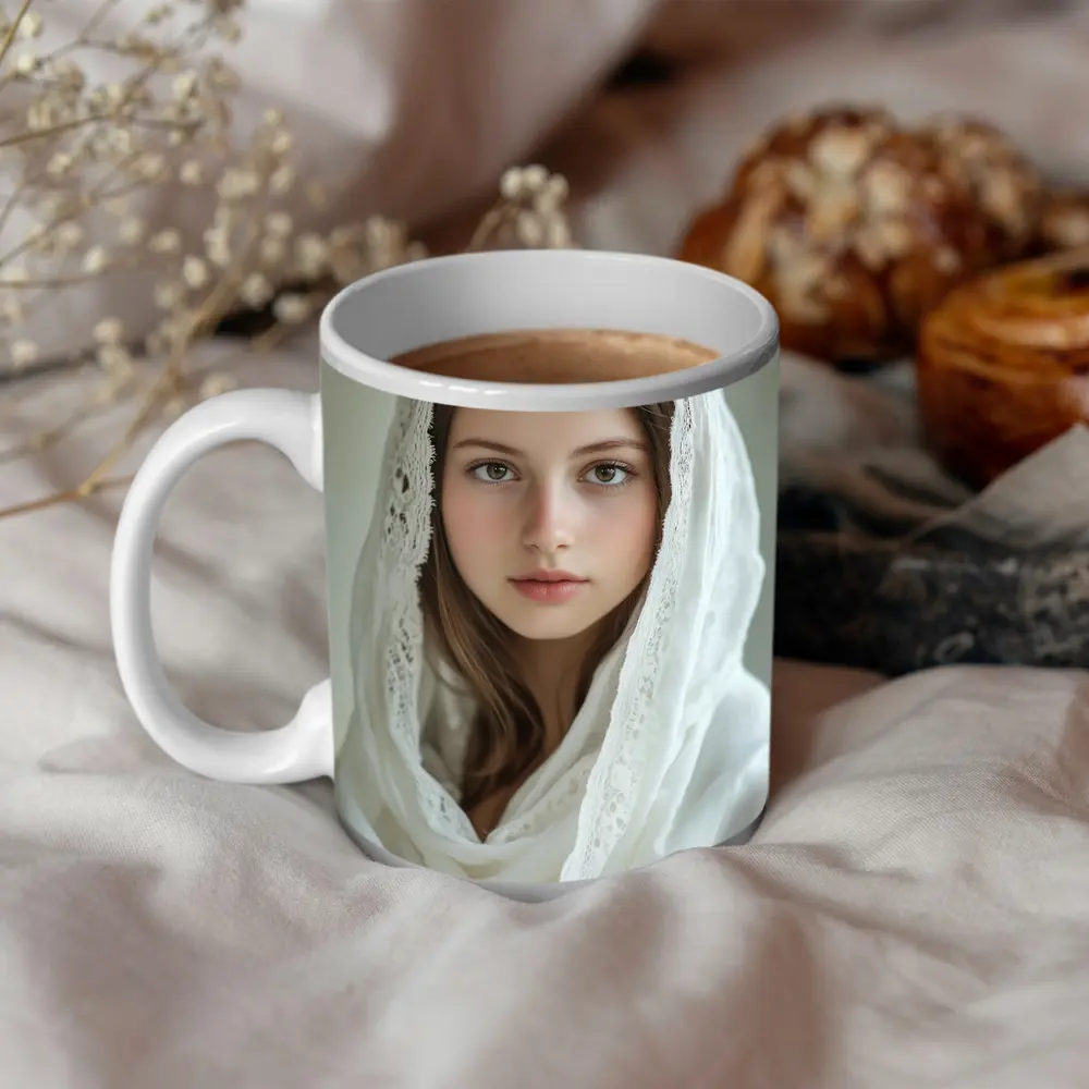 Young Woman White Lace Veil Portrait – Mugs