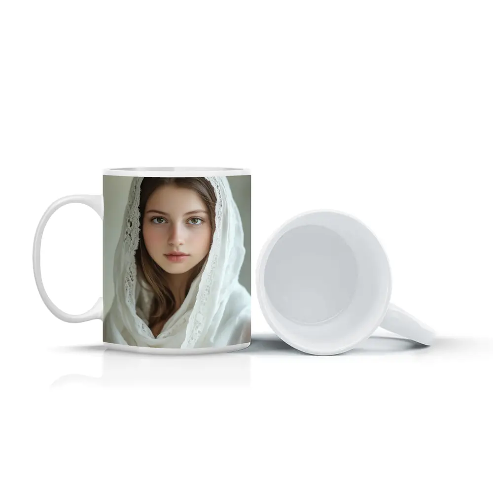 Young Woman White Lace Veil Portrait – Mugs