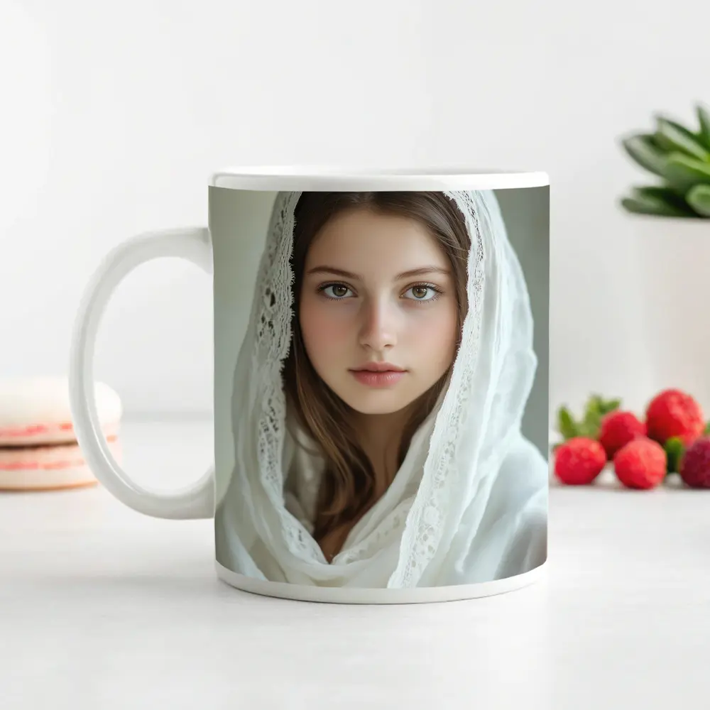 Young Woman White Lace Veil Portrait – Mugs