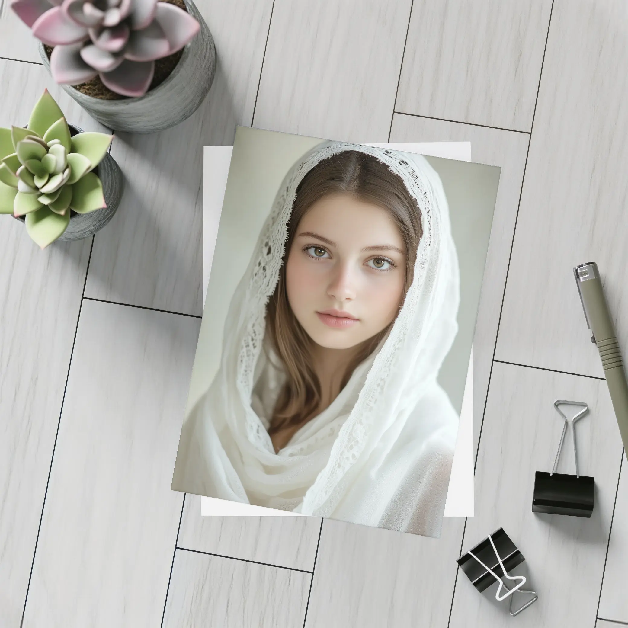 Young Woman White Lace Veil Portrait – Postcards