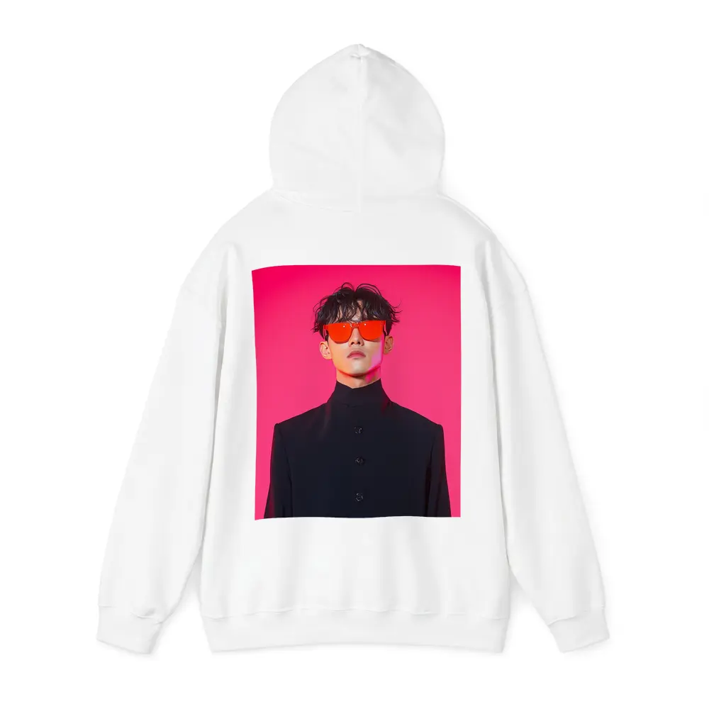 Young Man Red Sunglasses Black Coat Pink Background – Hoodies
