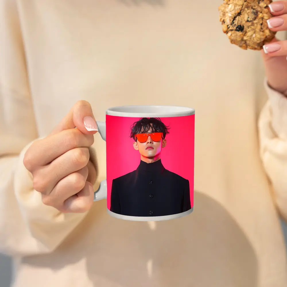 Young Man Red Sunglasses Black Coat Pink Background – Mugs