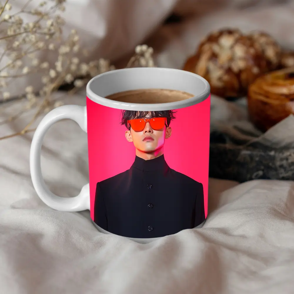 Young Man Red Sunglasses Black Coat Pink Background – Mugs