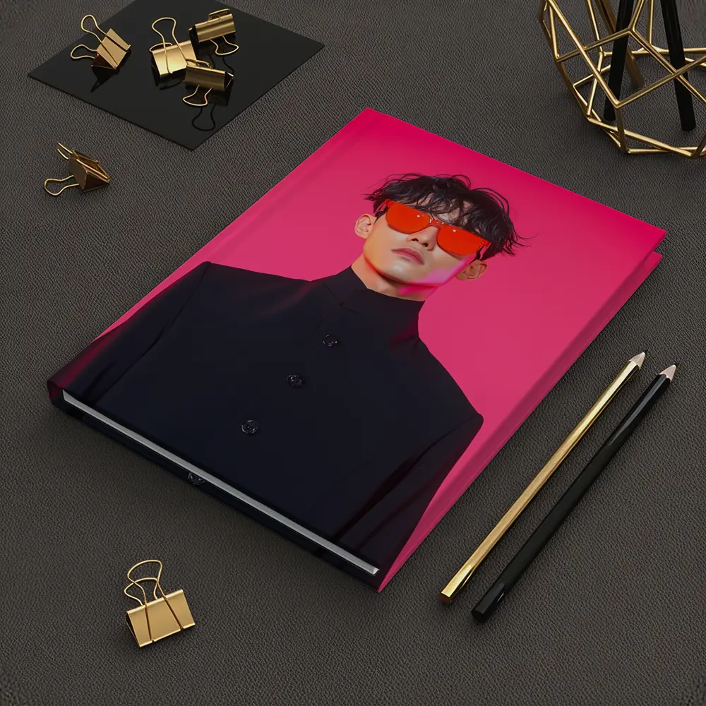 Young Man Red Sunglasses Black Coat Pink Background – Notebooks
