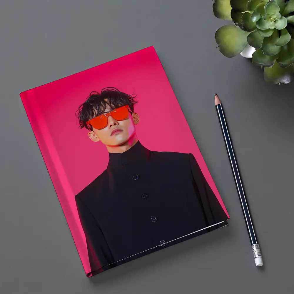 Young Man Red Sunglasses Black Coat Pink Background – Notebooks