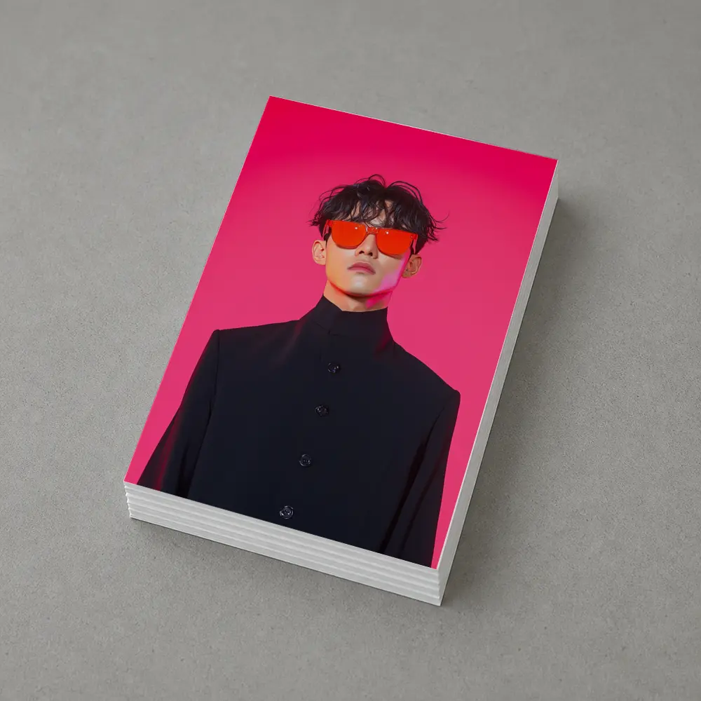 Young Man Red Sunglasses Black Coat Pink Background – Postcards