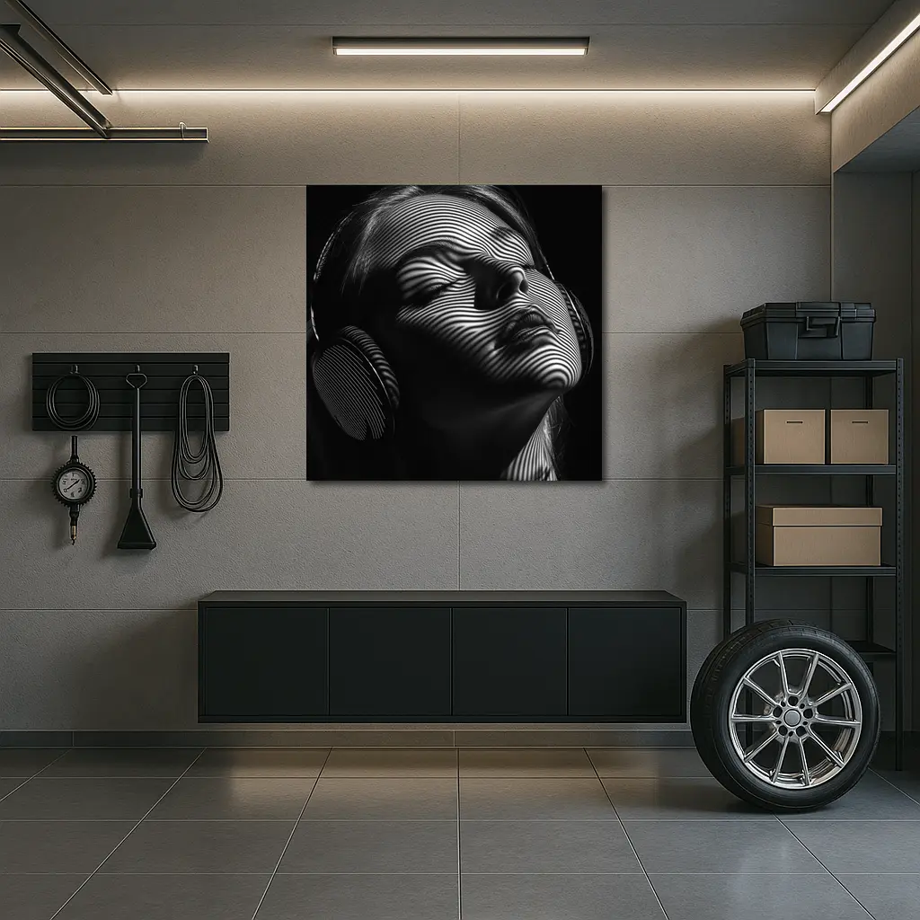 Woman Headphones Zebra Lines Black White – Wall Art