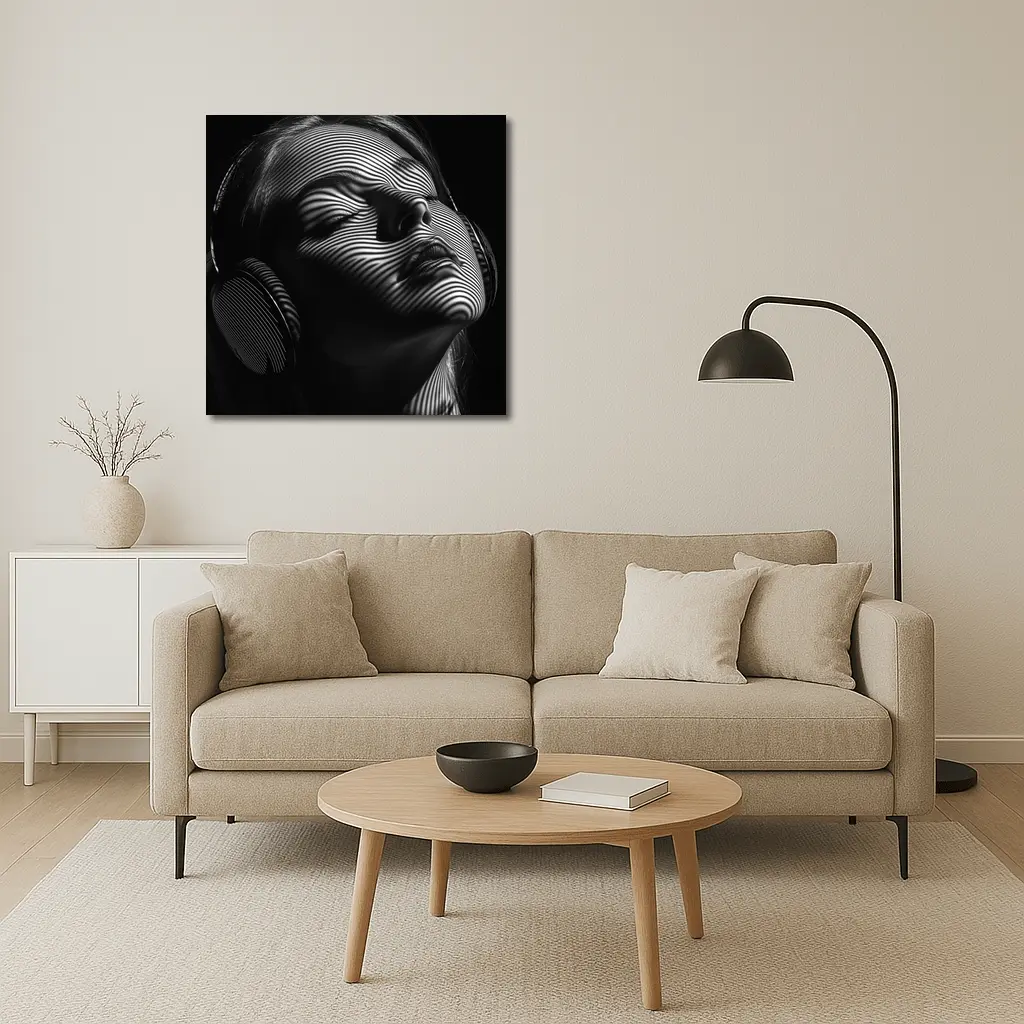 Woman Headphones Zebra Lines Black White – Wall Art