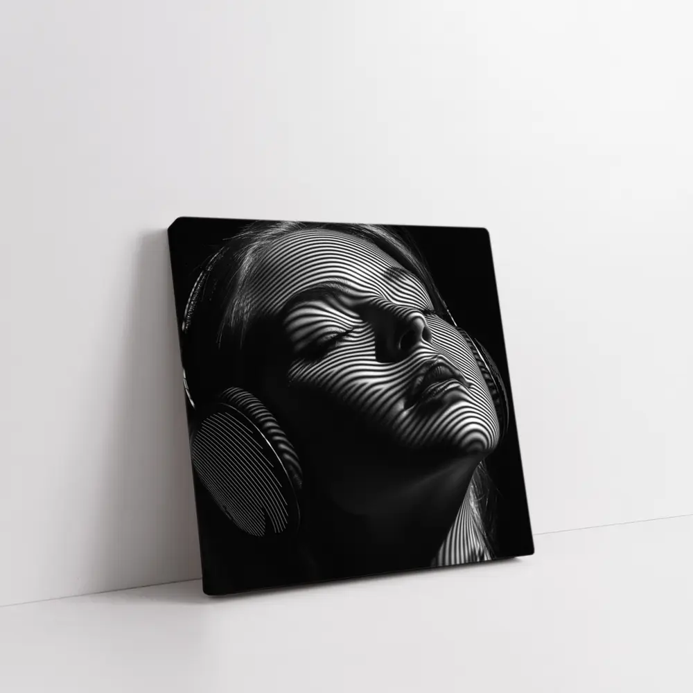 Woman Headphones Zebra Lines Black White – Wall Art