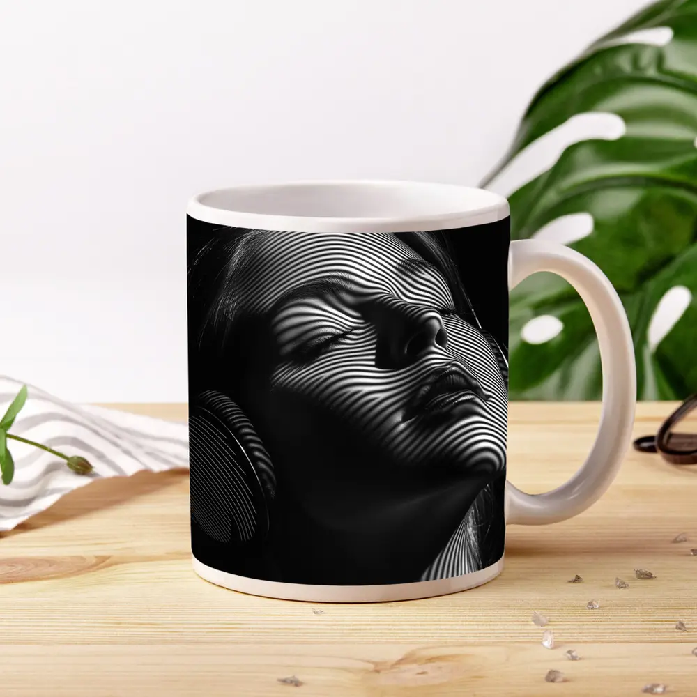 Woman Headphones Zebra Lines Black White – Mugs