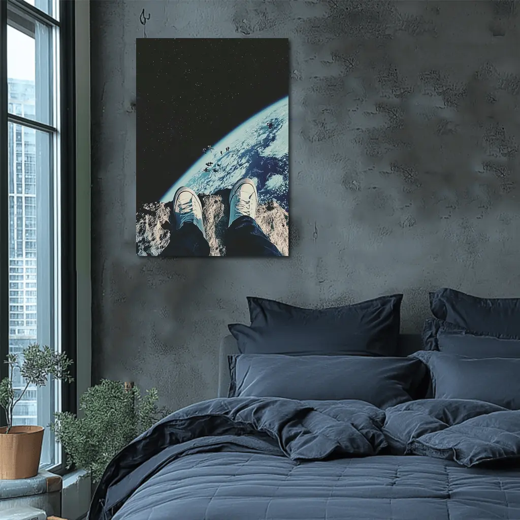 Sneakers Standing On Moon Above Earth – Wall Art