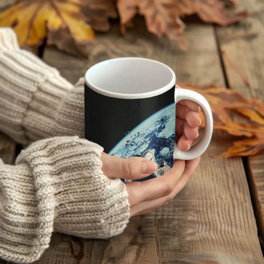 Sneakers Standing On Moon Above Earth – Mugs