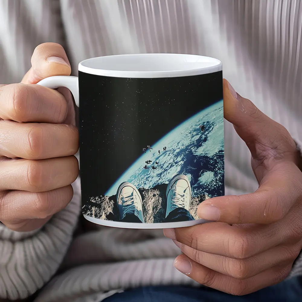 Sneakers Standing On Moon Above Earth – Mugs