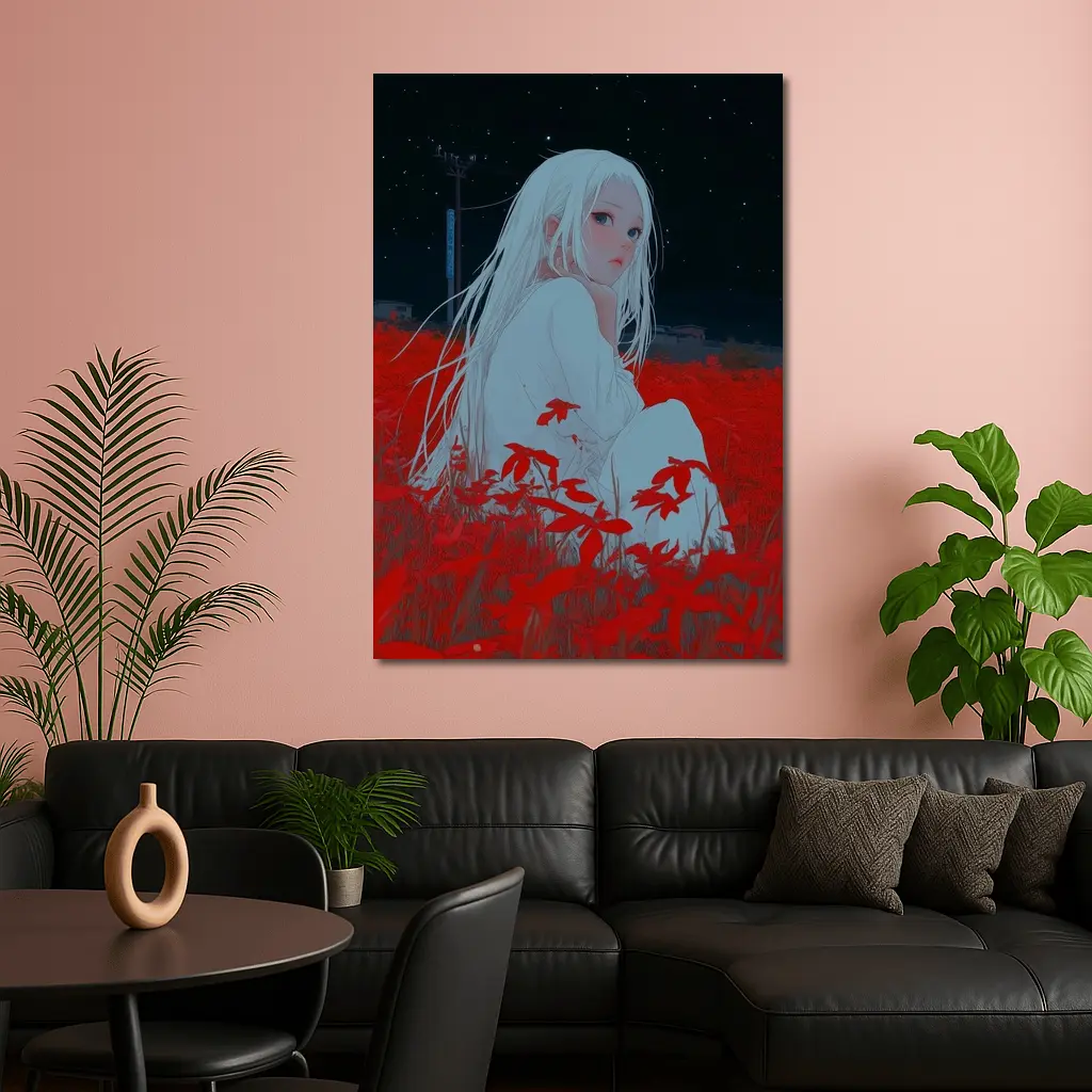 Anime Girl Sitting In Red Flower Field – Wall Art