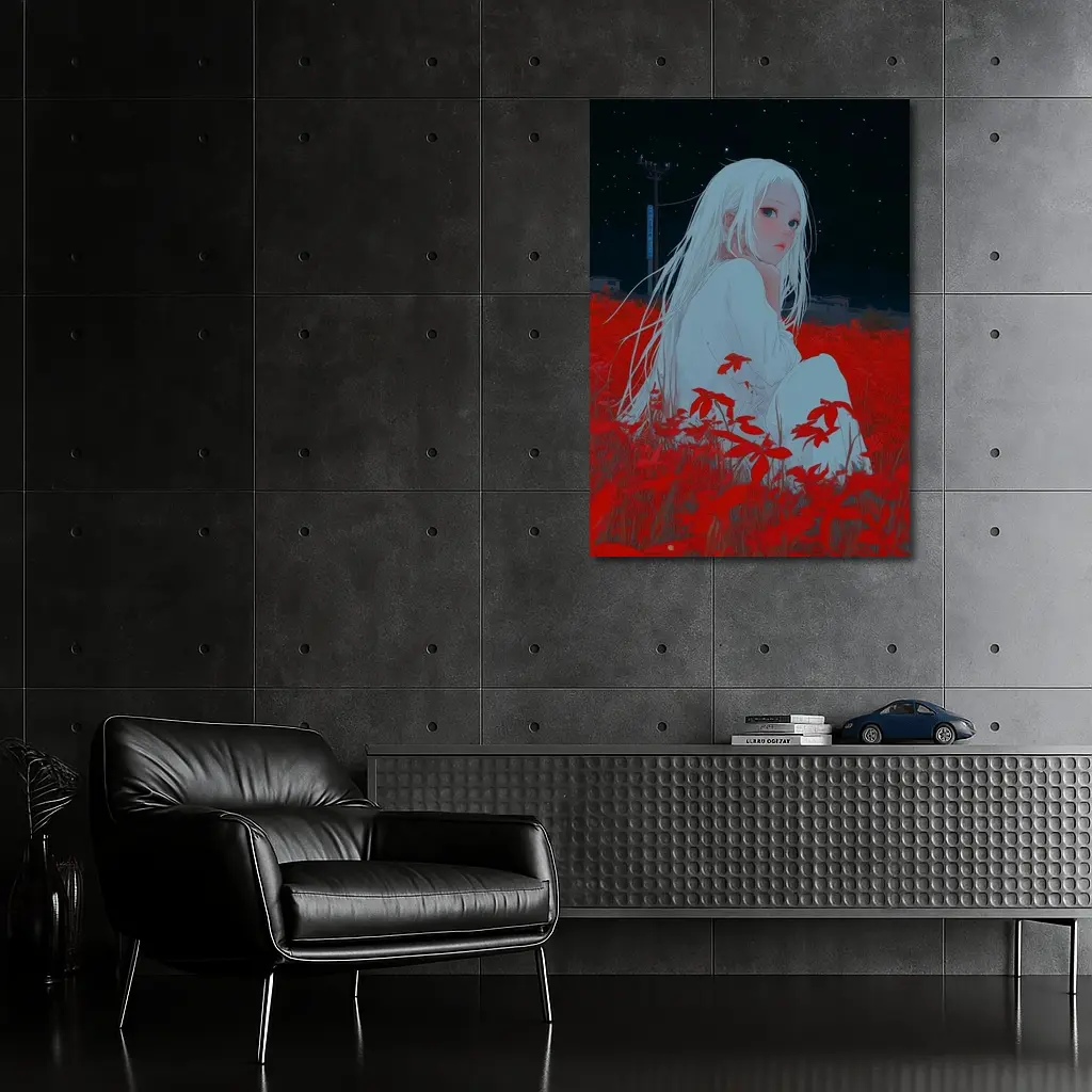 Anime Girl Sitting In Red Flower Field – Wall Art