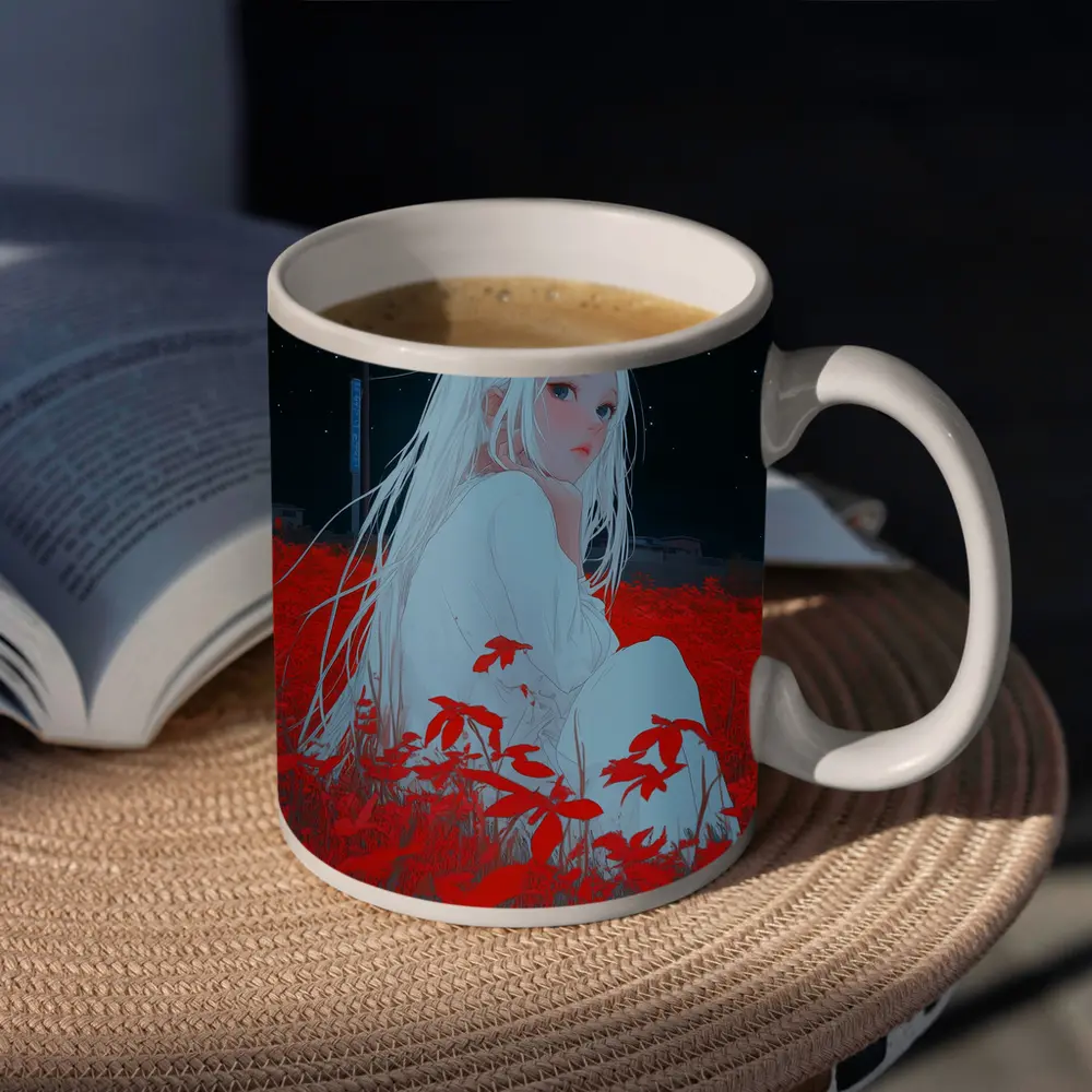 Anime Girl Sitting In Red Flower Field – Mugs