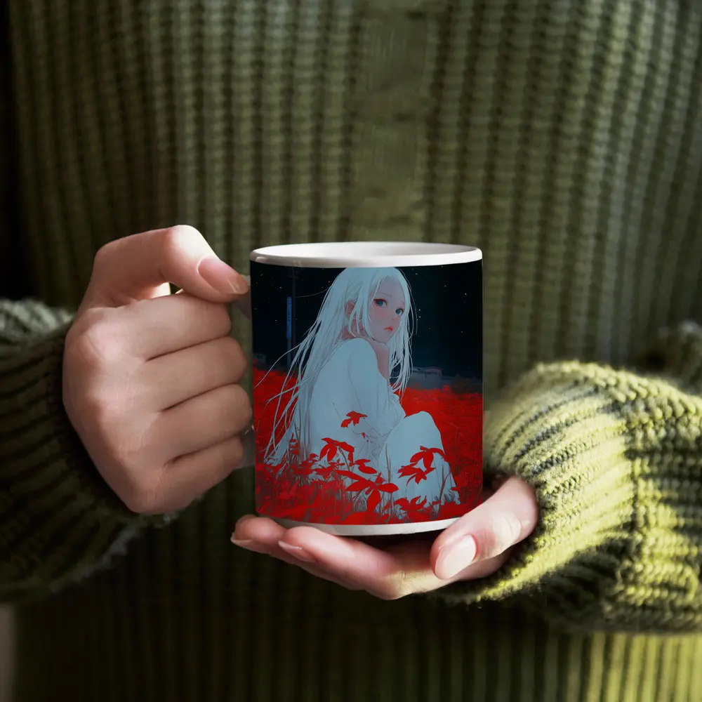 Anime Girl Sitting In Red Flower Field – Mugs