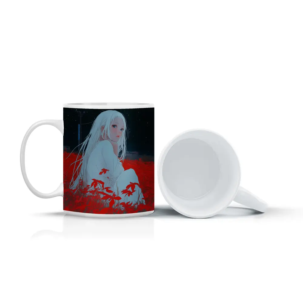 Anime Girl Sitting In Red Flower Field – Mugs