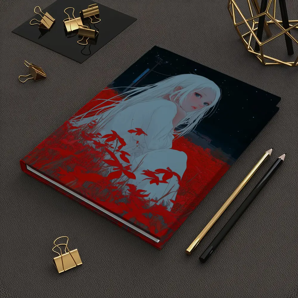 Anime Girl Sitting In Red Flower Field – Notebooks