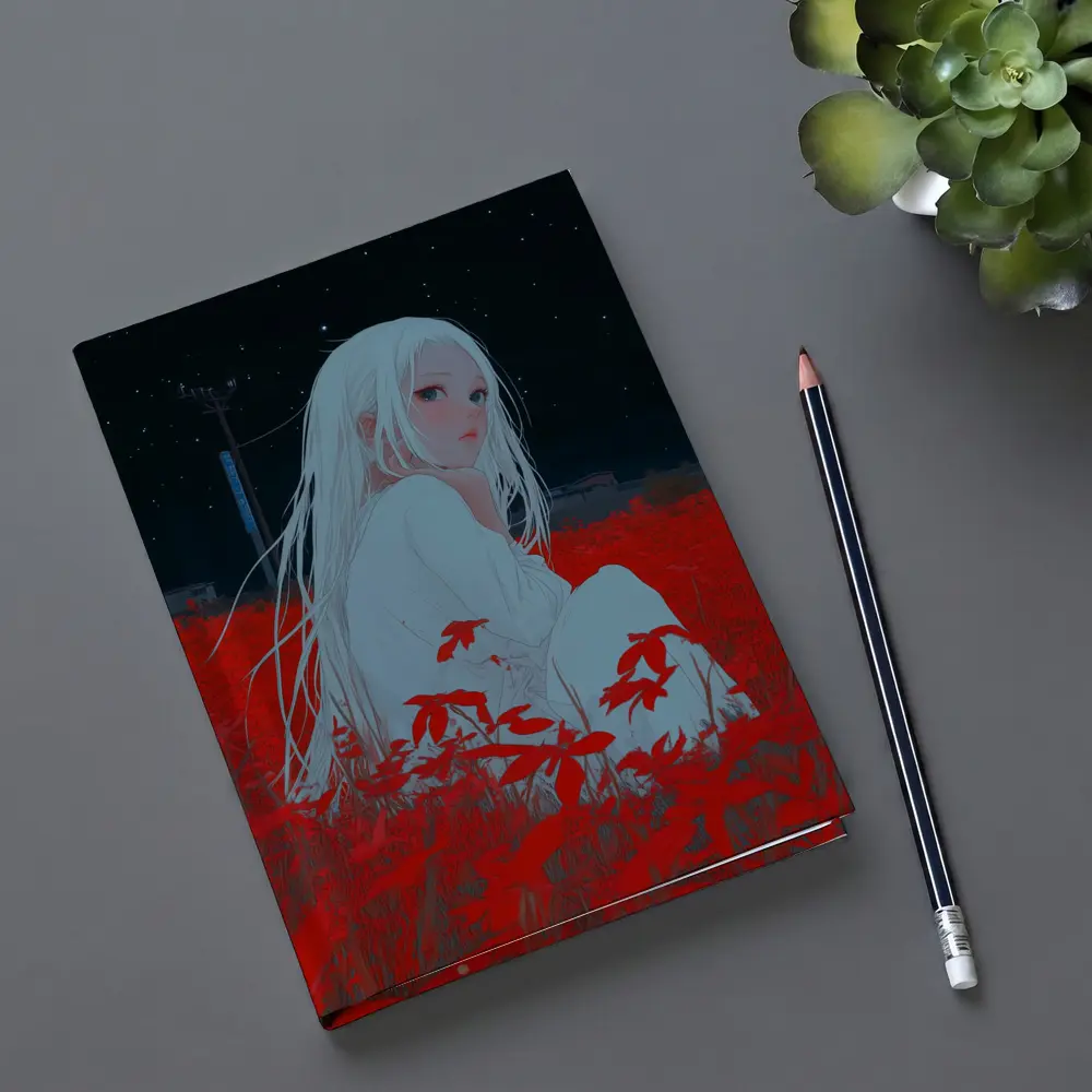 Anime Girl Sitting In Red Flower Field – Notebooks