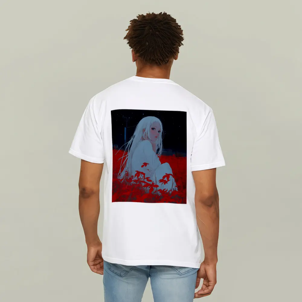 Anime Girl Sitting In Red Flower Field – T-Shirts