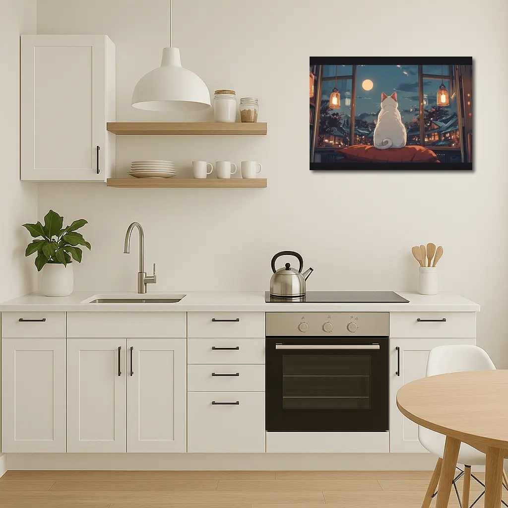 White Cat Watching Moon Anime Night Scene – Wall Art