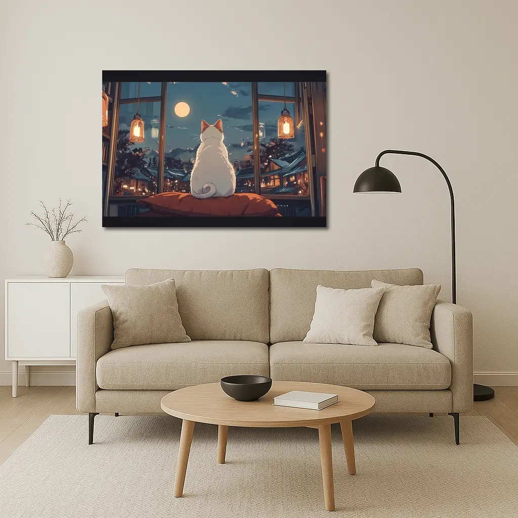 White Cat Watching Moon Anime Night Scene – Wall Art