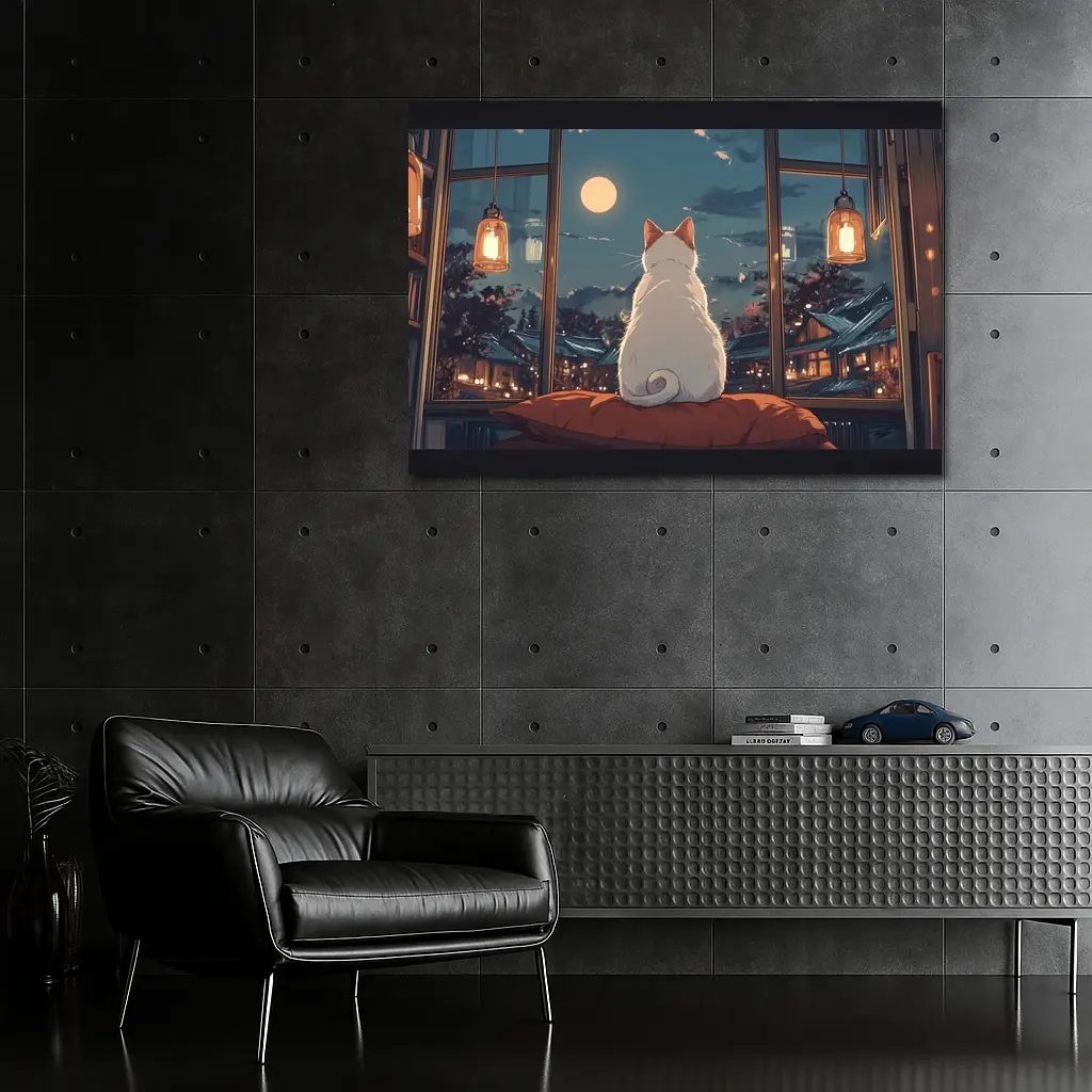 White Cat Watching Moon Anime Night Scene – Wall Art