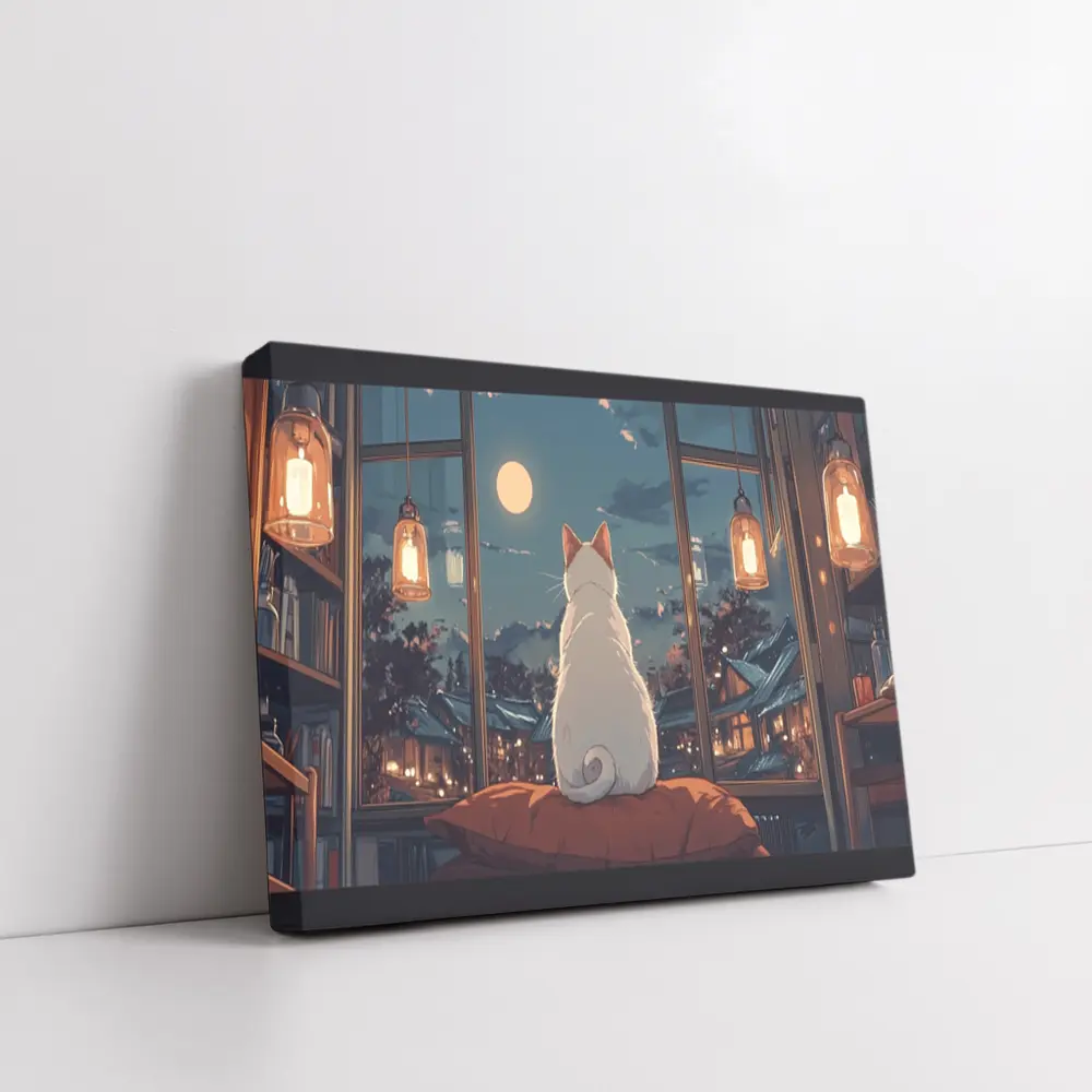 White Cat Watching Moon Anime Night Scene – Wall Art