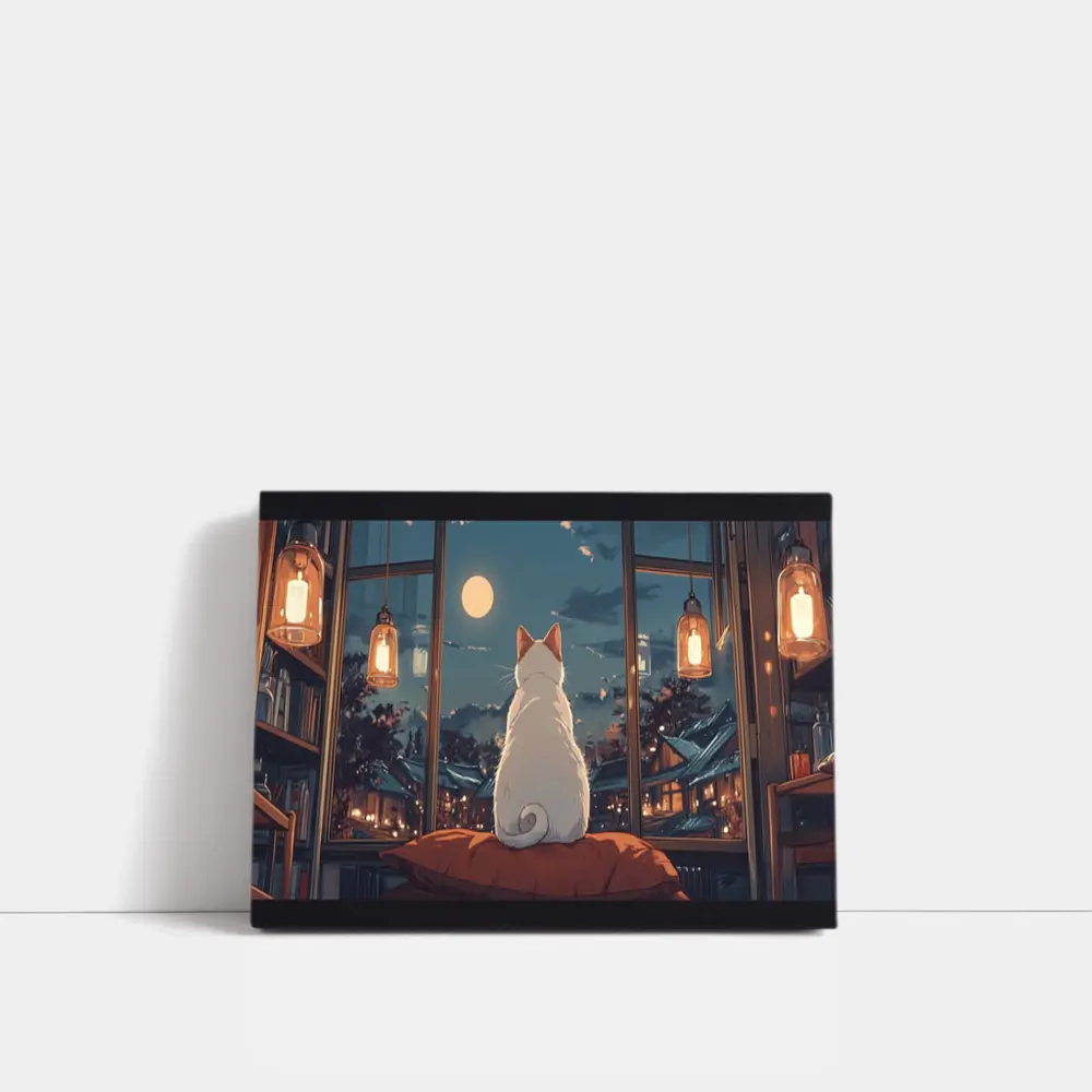 White Cat Watching Moon Anime Night Scene – Wall Art
