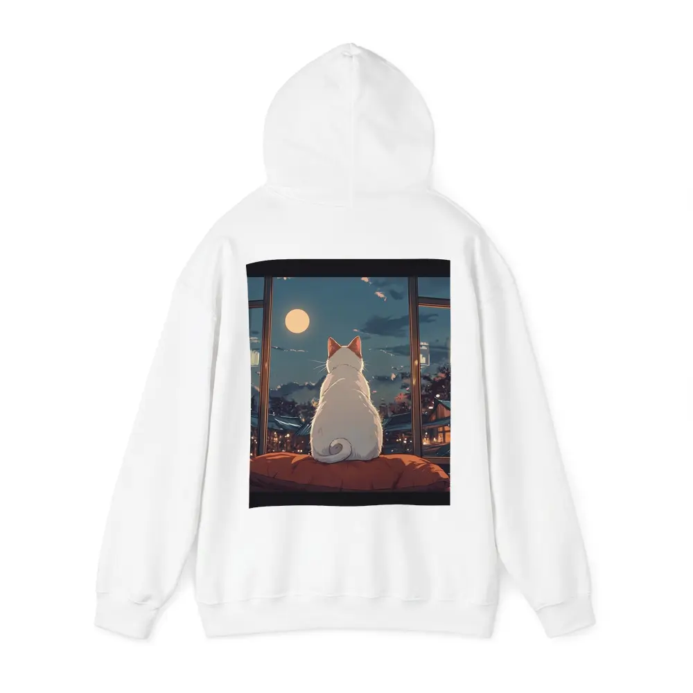 White Cat Watching Moon Anime Night Scene – Hoodies