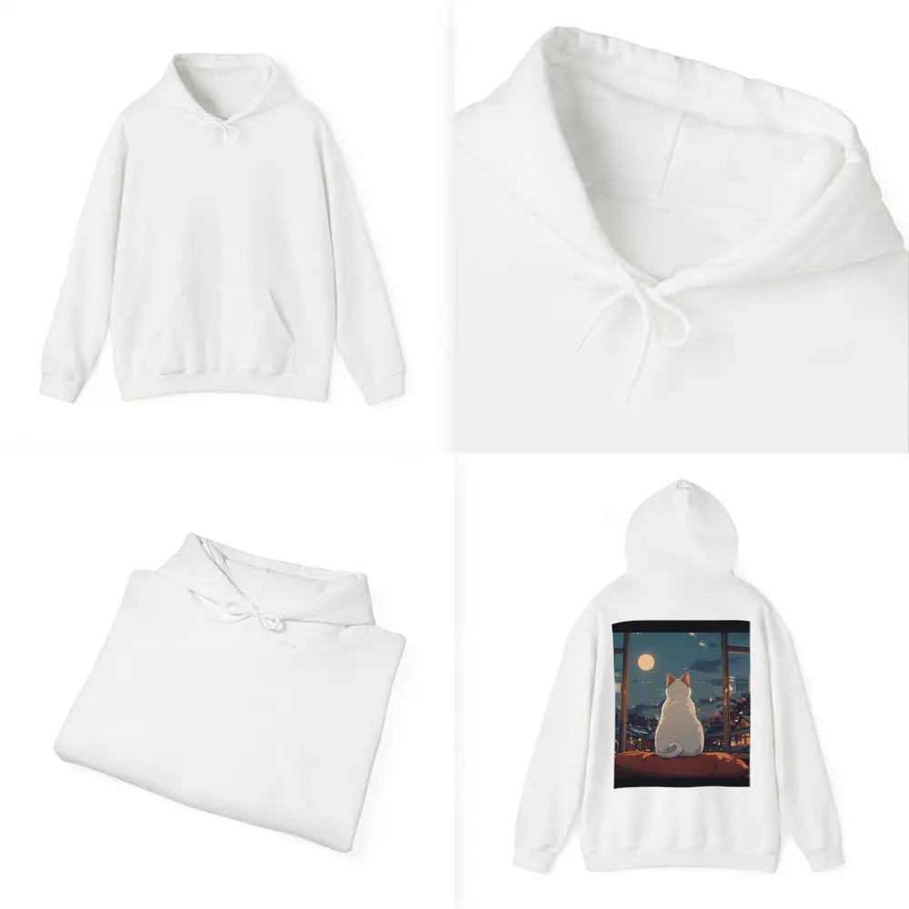 White Cat Watching Moon Anime Night Scene – Hoodies