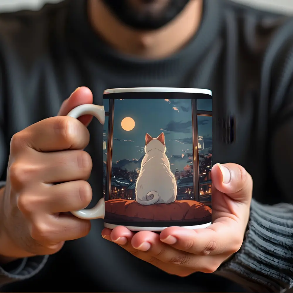 White Cat Watching Moon Anime Night Scene – Mugs