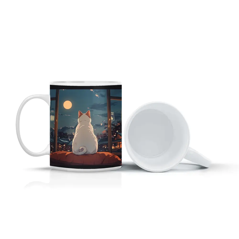 White Cat Watching Moon Anime Night Scene – Mugs