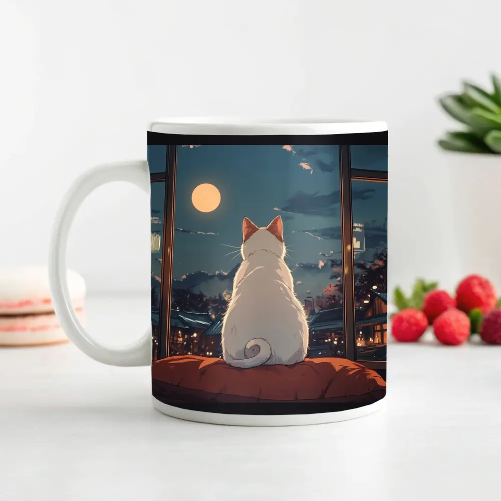 White Cat Watching Moon Anime Night Scene – Mugs