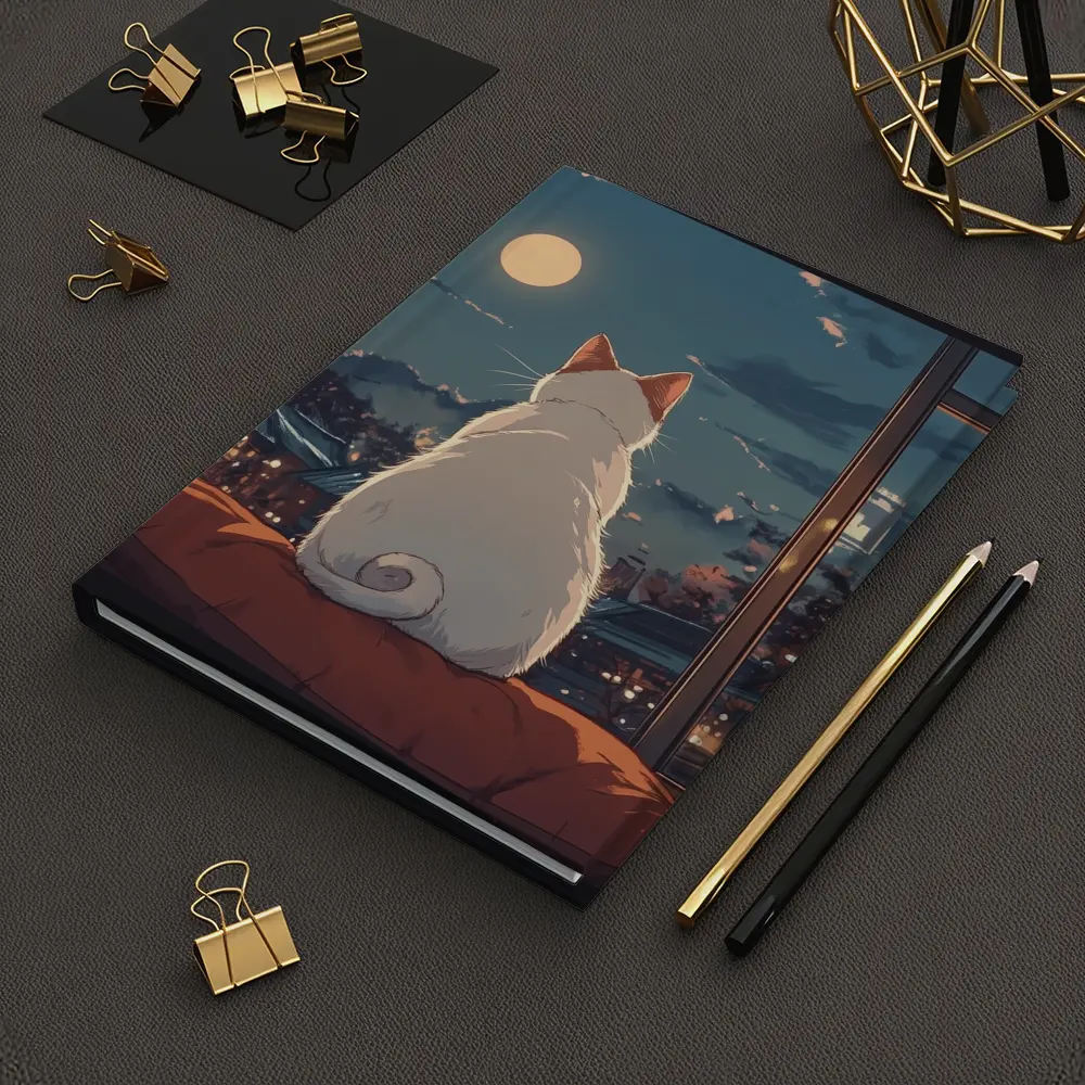 White Cat Watching Moon Anime Night Scene – Notebooks
