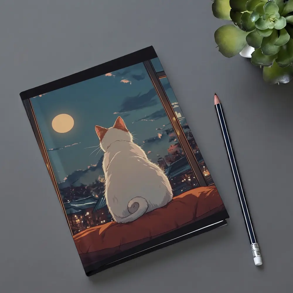 White Cat Watching Moon Anime Night Scene – Notebooks