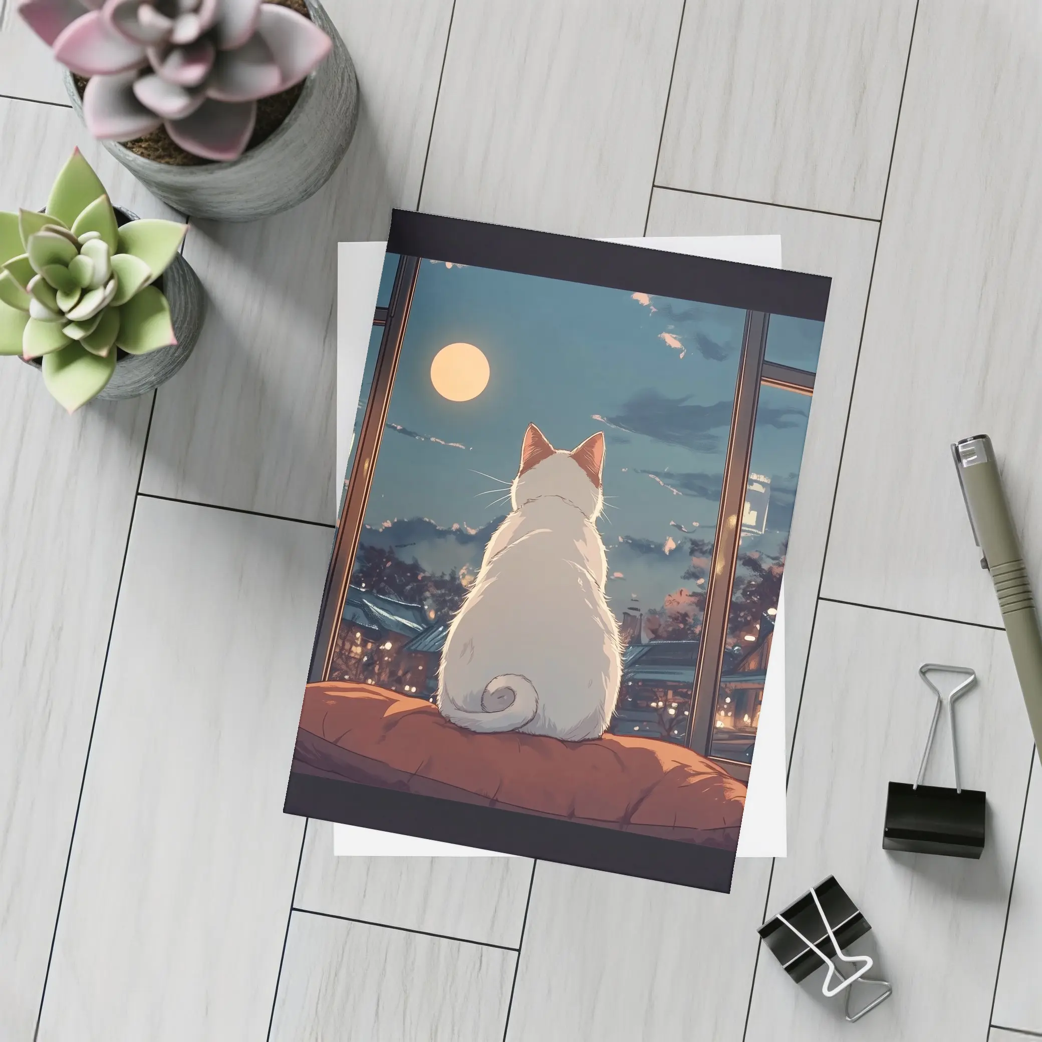 White Cat Watching Moon Anime Night Scene – Postcards