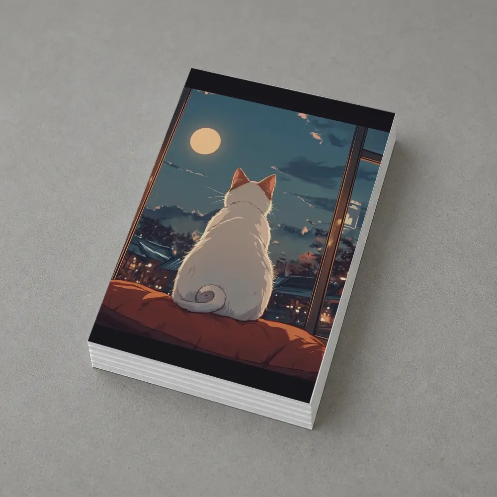 White Cat Watching Moon Anime Night Scene – Postcards