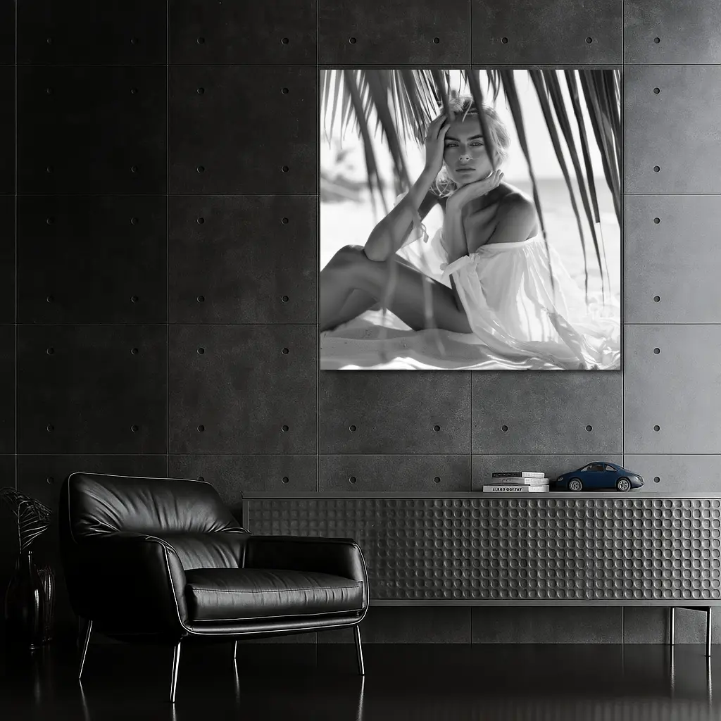 Blonde Woman Sitting Beach Palm Trees – Wall Art