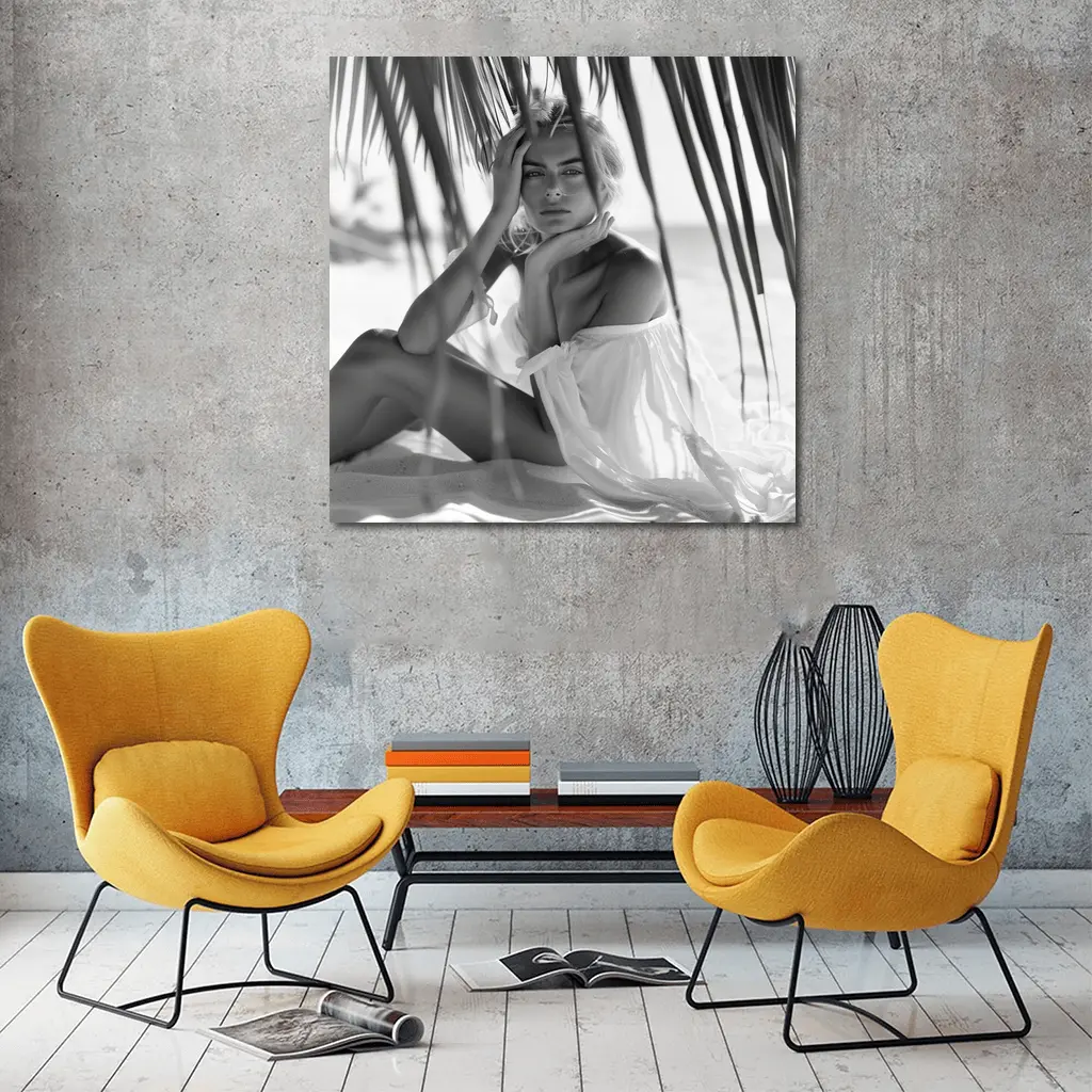 Blonde Woman Sitting Beach Palm Trees – Wall Art