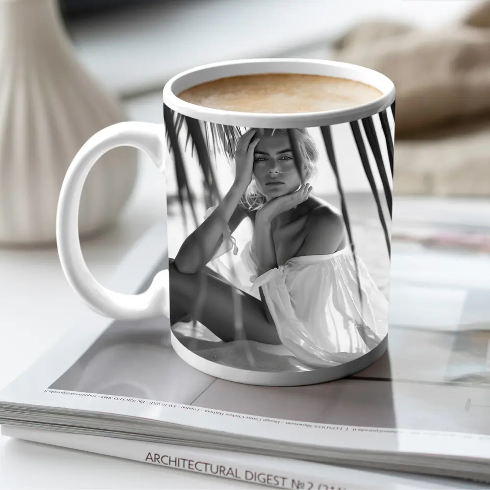 Blonde Woman Sitting Beach Palm Trees – Mugs