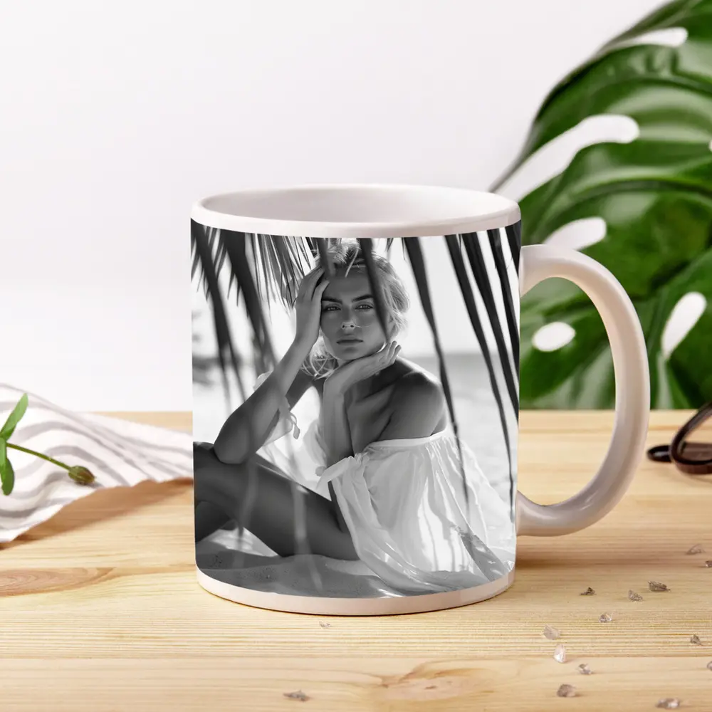 Blonde Woman Sitting Beach Palm Trees – Mugs