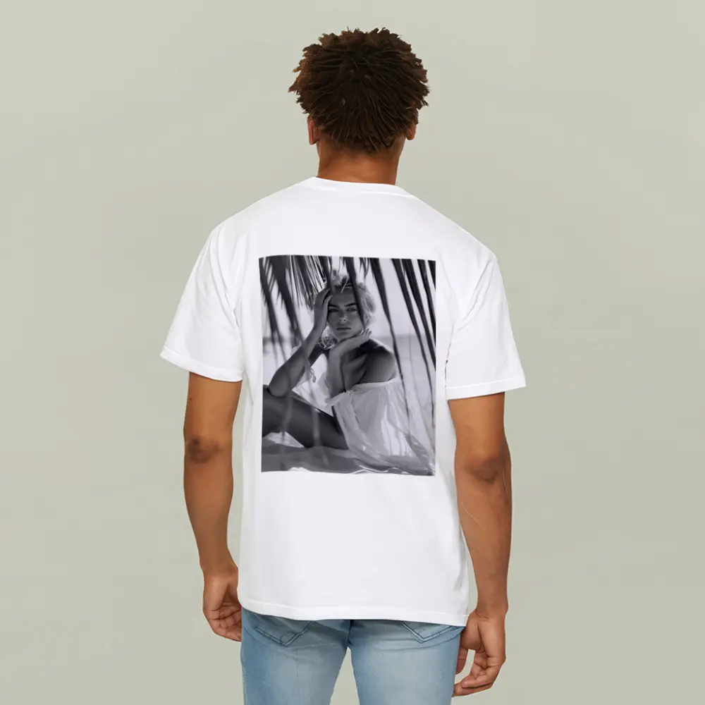 Blonde Woman Sitting Beach Palm Trees – T-Shirts