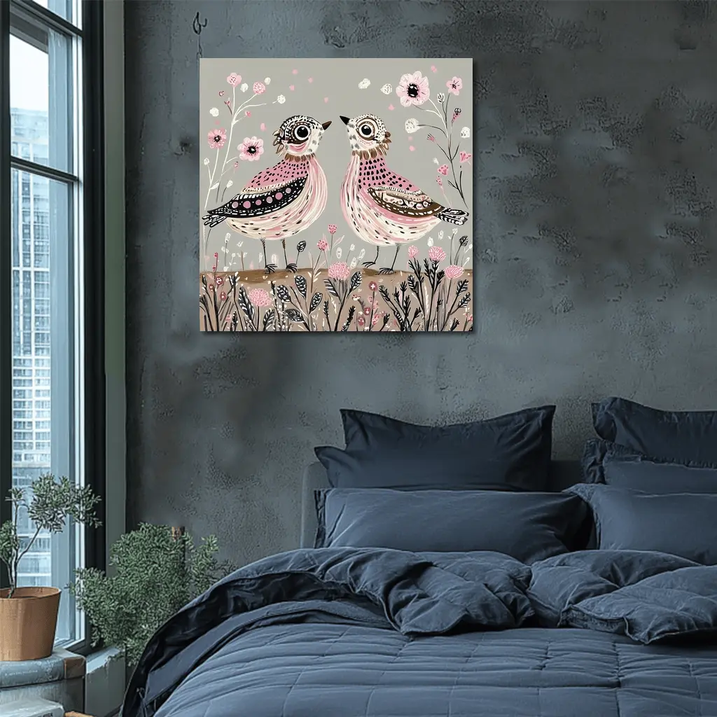 Two Folk Art Birds Pink Floral Garden – Wall Art