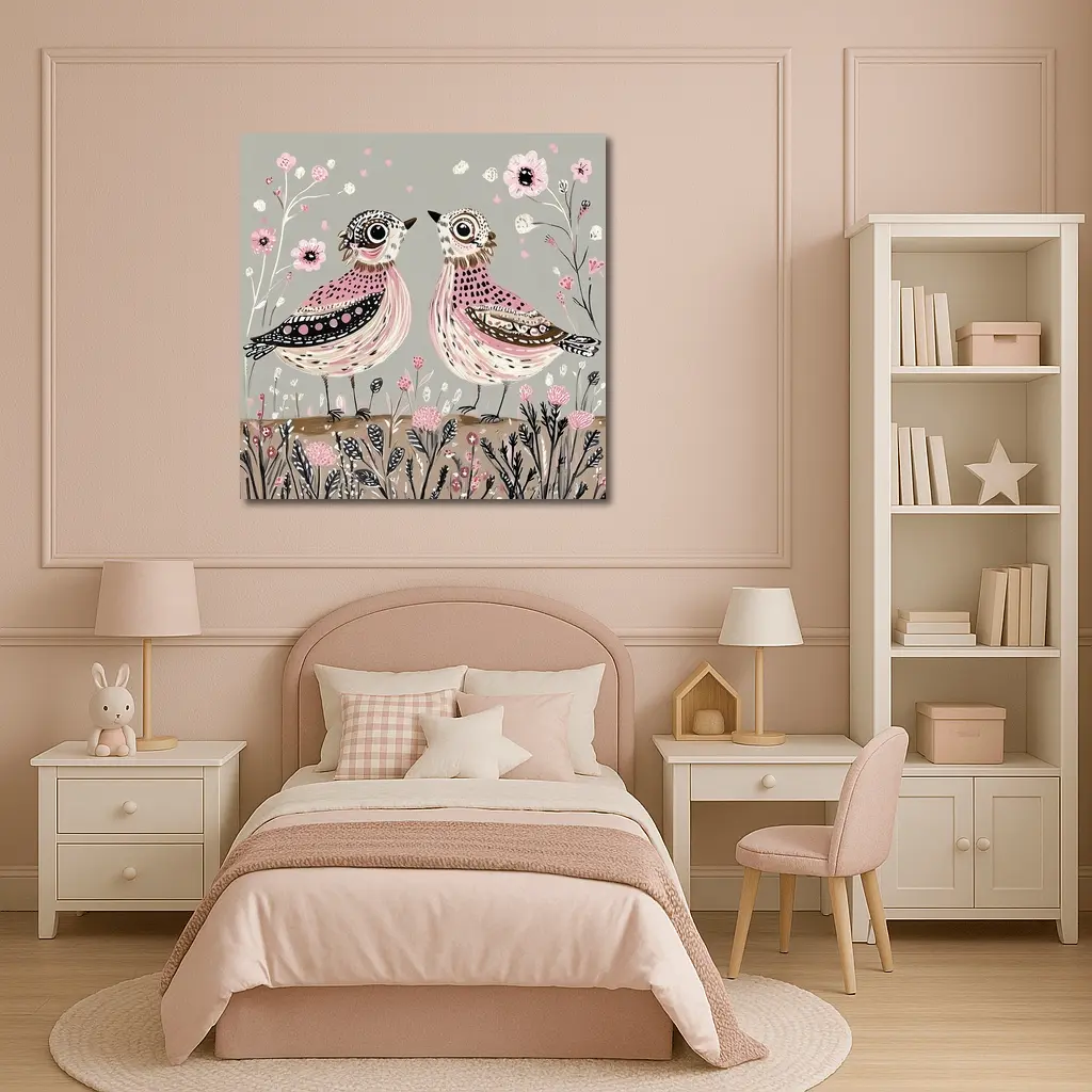 Two Folk Art Birds Pink Floral Garden – Wall Art