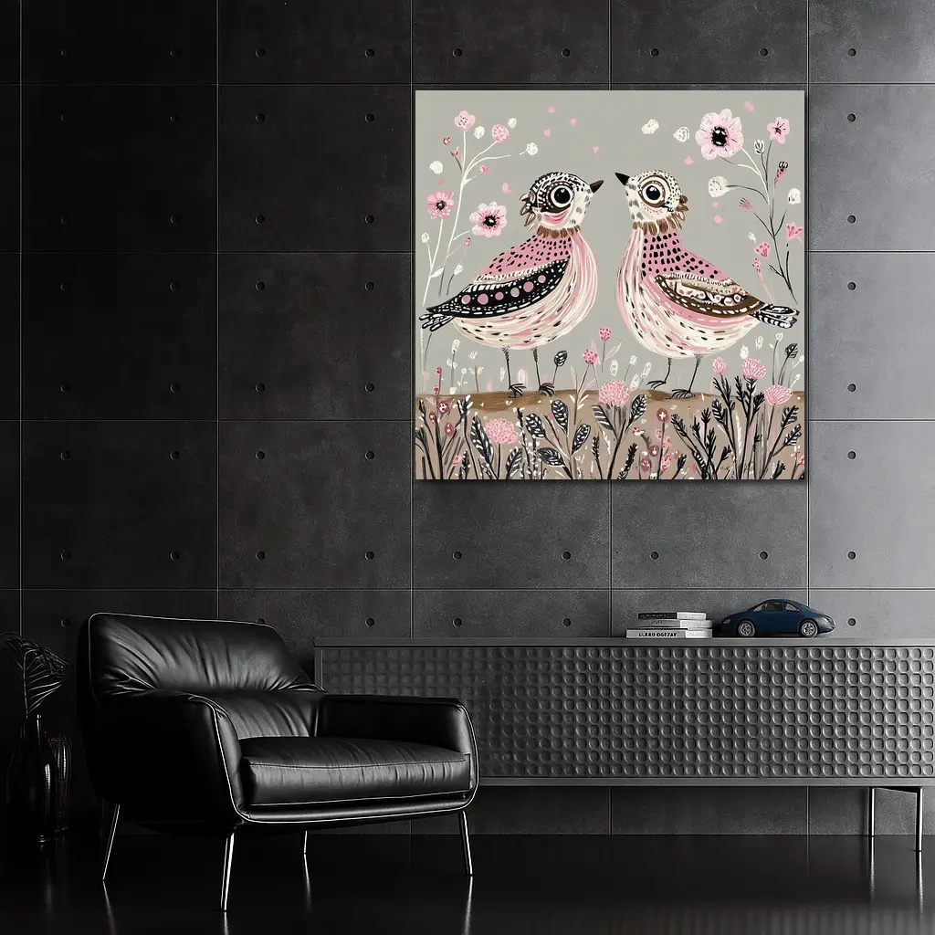 Two Folk Art Birds Pink Floral Garden – Wall Art