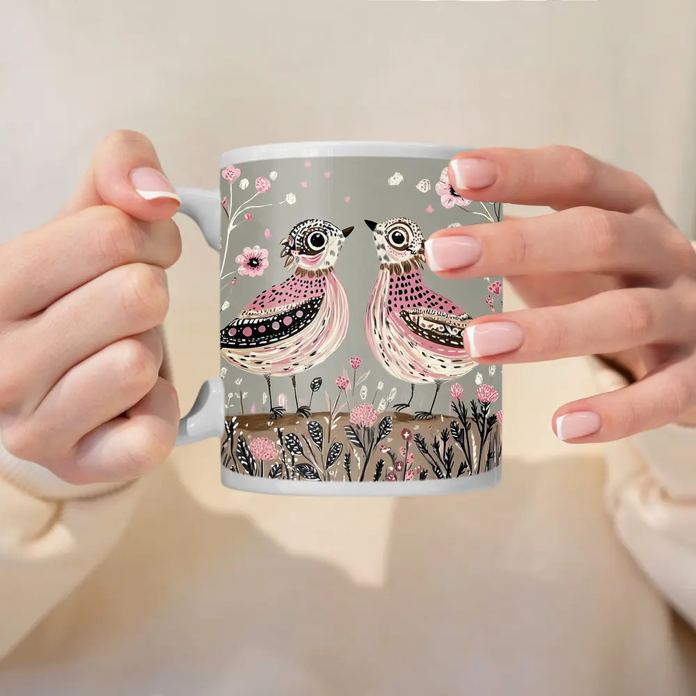 Two Folk Art Birds Pink Floral Garden – Mugs