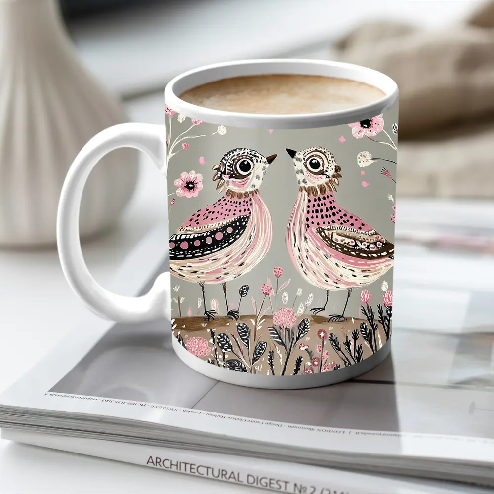 Two Folk Art Birds Pink Floral Garden – Mugs