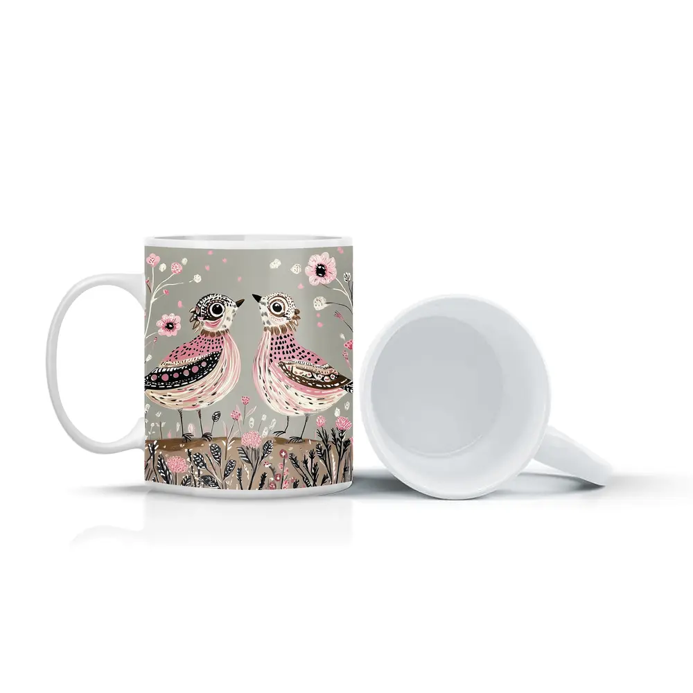 Two Folk Art Birds Pink Floral Garden – Mugs